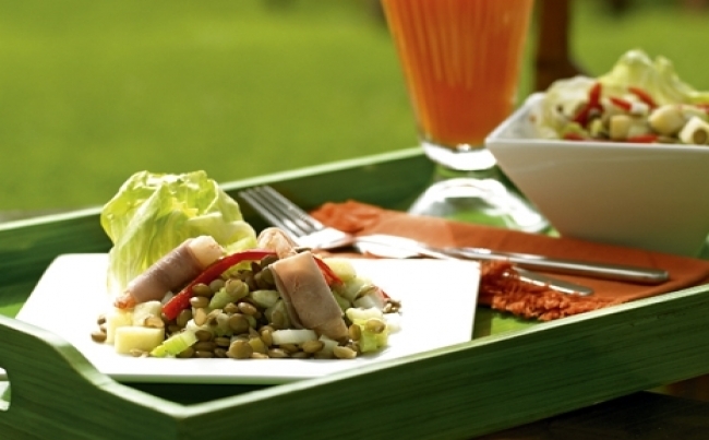 Ensalada de lentejas con langostinos
